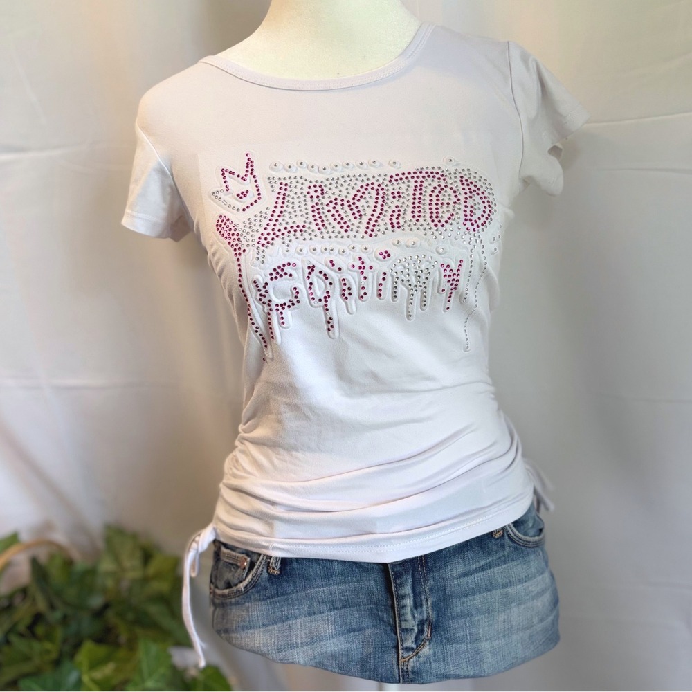 Y2K Mcbling Rhinestone Limited Edition Ruched Side Tie T-Shirt Small